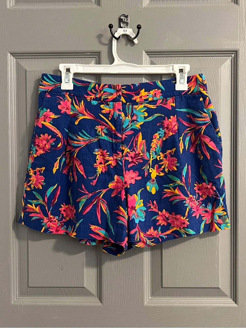 J. Crew Navy Floral Linen Shorts Pink & Multicolor Blooms Tropical Vacation